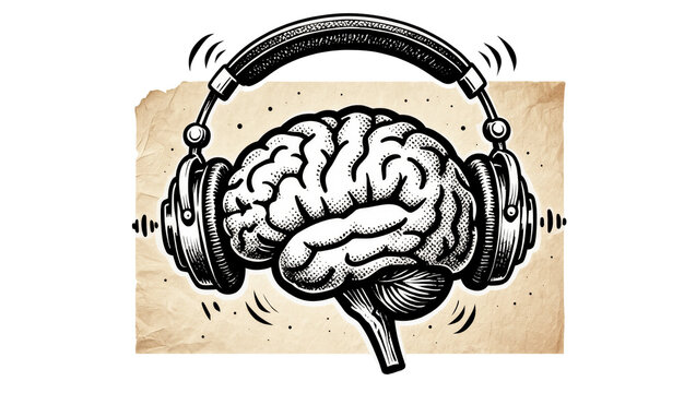 Detailed black and white human brain wearing headphones, isolated on transparent background