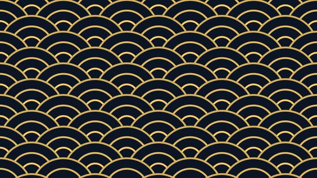 Bold Seigaiha Japanese wave pattern seamless loop, large scale gold arcs on dark navy slowly drifting, 4K traditional motion graphic for title background