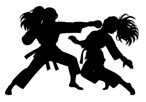 Dynamic black silhouette of two women engaged in a martial arts fighting pose, featuring powerful action movements and combat choreography. Suitable for sports, self-defense, fitness, martial arts.