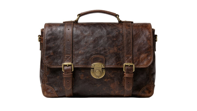 Distressed brown leather briefcase with brass buckle closure, isolated on transparent background