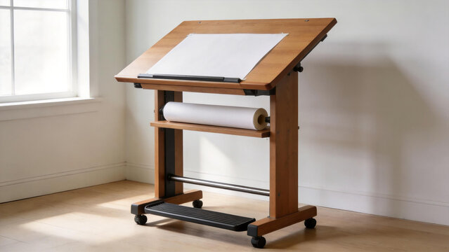 Wooden drafting table with paper roll and footrest in sunlit room