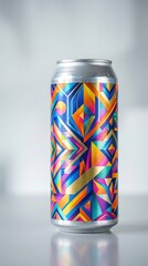 Fototapeta premium Close-up view of a metal can featuring abstract geometric patterns generated by AI technology. Reflections catch light in a modern, studio setting, innovation, pattern, design