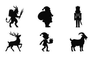 Fototapeta premium Christmas Silhouette Icons: Santa, Krampus, Reindeer, Elf, Nutcracker, Goat Vector Set