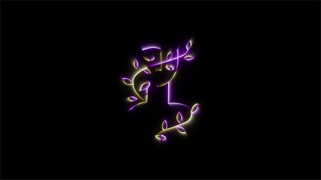 Glowing neon plant vine with leaves forming a decorative botanical shape against a dark black background for modern graphic design projects