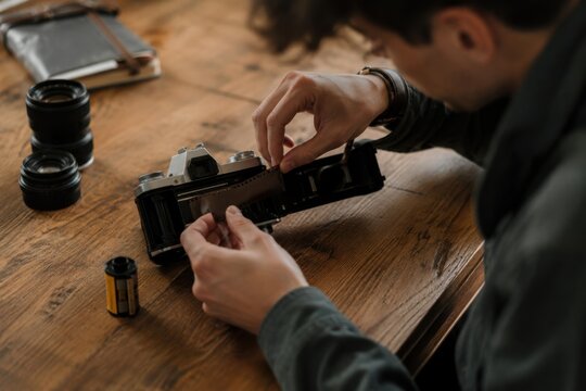 Man loading film into an old camera on a wooden table, hobby and technology