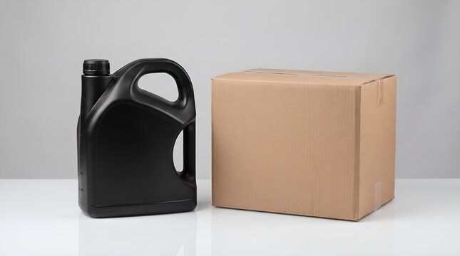 Black plastic motor oil jug beside a blank cardboard shipping box.