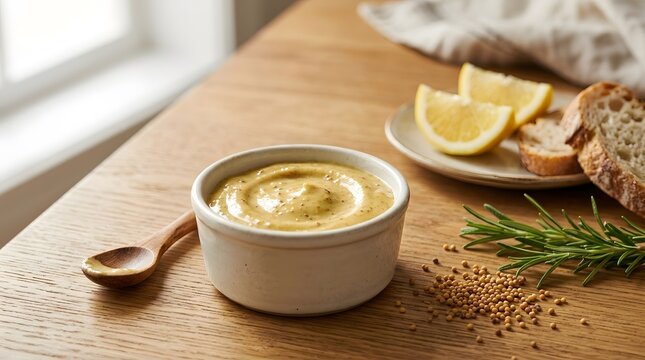 Creamy vegetable soup with crusty bread and lemon wedges on a wooden table