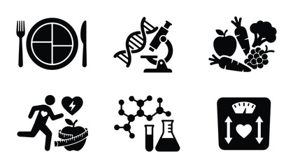 Obraz premium Healthy Lifestyle Icons: Nutrition, Science, Fitness, Weight Loss, Medical Research, Diet