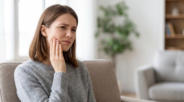 Young woman touching her jaw and grinding her teeth in severe pain from wisdom tooth discomfort