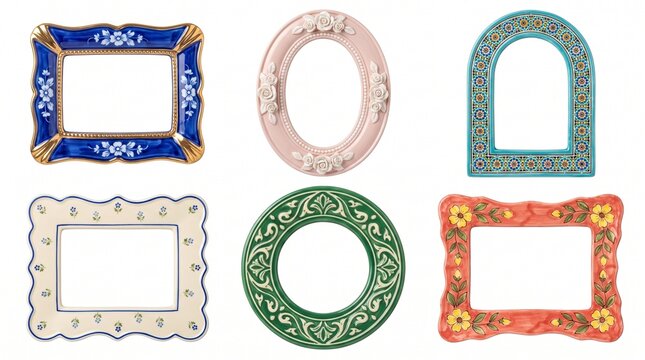 Vintage ceramic picture frames set of 6, colorful porcelain photo frame collection with floral patterns. Decorative antique pottery border assortment, elegant handcrafted ceramic frames on white.