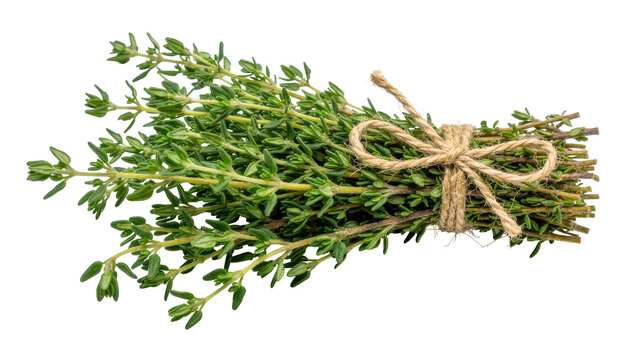 Fresh green thyme herb bundle tied with rustic twine, isolated on transparent background