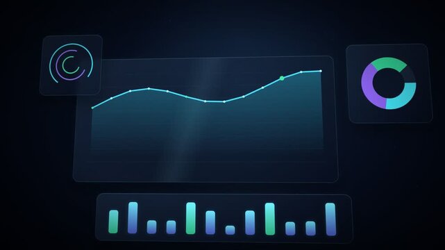 Floating glassmorphic dashboard panels with line chart donut chart and bar chart updating