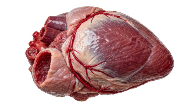 Raw animal heart with visible arteries and veins, isolated on transparent background