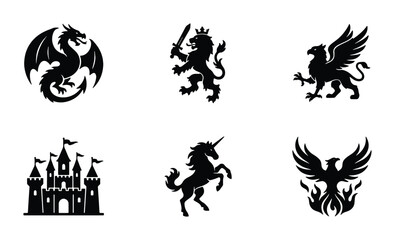Fototapeta premium Mythical Creatures and Fantasy Symbols Vector Icons: Dragon, Lion, Griffin, Castle, Unicorn, Phoenix