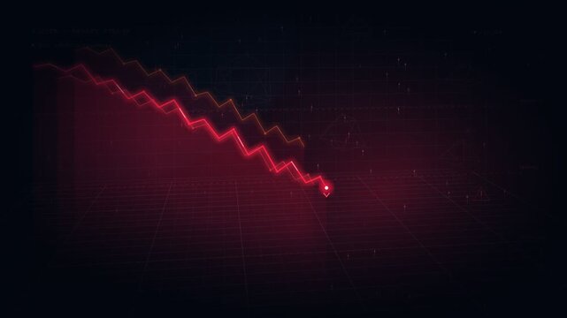 Glowing red stock chart line descending in stair step pattern showing market decline