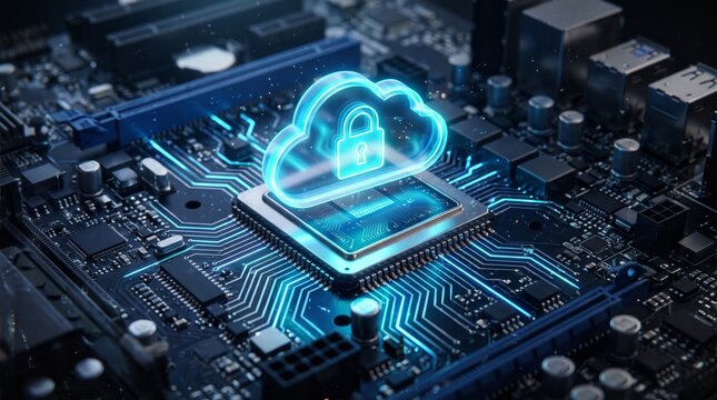 Glowing blue cloud icon featuring a locked padlock symbol hovering above a complex computer motherboard with intricate circuit board pathways