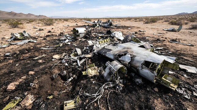 Wreckage of a crashed aircraft scattered across a remote desert landscape.