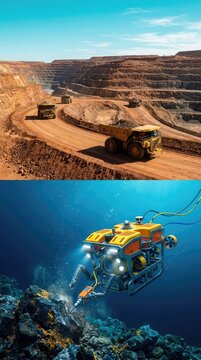 Massive dump trucks navigate an open-pit mine, contrasting with a nearby deep-sea submersible robot extracting resources underwater, subsea, deep sea, marine