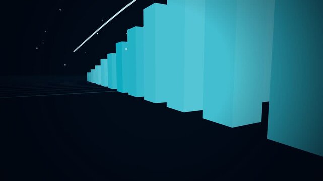 Low angle view along ascending row of cyan bar chart blocks forming a corridor