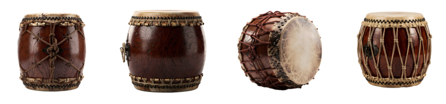 Traditional ethnic wooden drums collection with tied leather rope heads isolated on transparent background