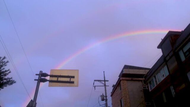 Rainbow appears over an urban skyline and power lines after rain.