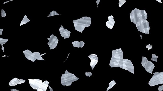 Silver foil flakes falling seamless loop on black background, metallic silver leaf particles drifting slowly, 4K motion graphic overlay