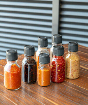 Variety of glass jars and bottles with colorful hot sauces on textured background