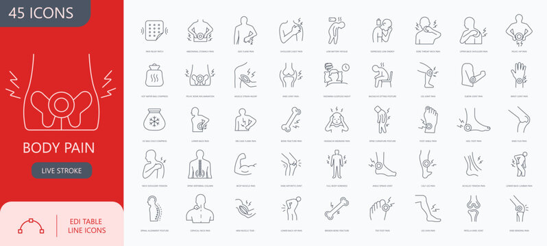 Body Pain, Joint Inflammation and Muscle Ache Line Icon Set for Healthcare and Medical Diagnosis. Editable stroke. Vector illustration