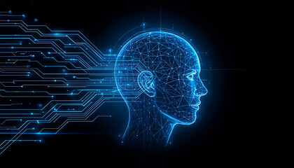 Fototapeta premium Human head profile glowing with intricate blue digital technology circuitry