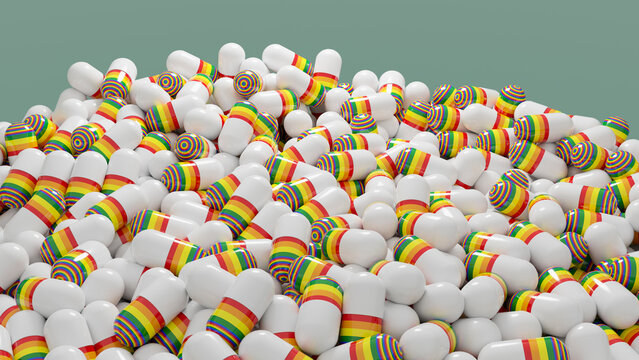 Pile of white medicine capsules with rainbow-colored bands
