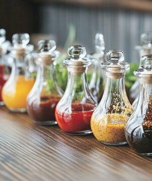 Variety of glass jars with hot pepper and chilli sauces on wooden table