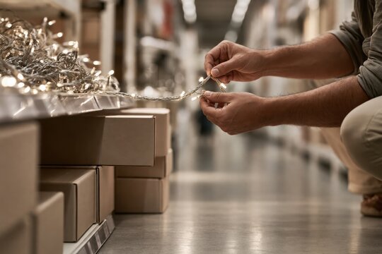 Close-Up of Warehouse Worker Hands Unraveling Glowing Christmas String Lights Beside Storage Boxes