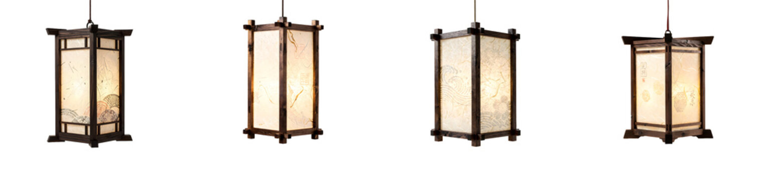 Set of traditional Japanese hanging wooden paper lantern lamps with oriental patterns isolated on transparent background