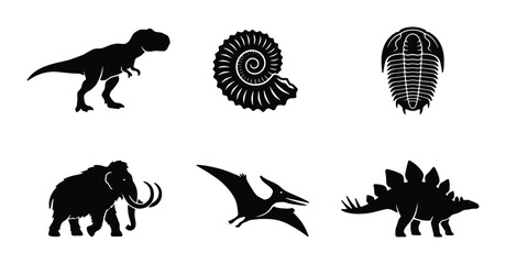 Prehistoric Icons Set: Dinosaur, Mammoth, Trilobite, Pterodactyl, Ammonite Fossils, Stegosaurus © Amir