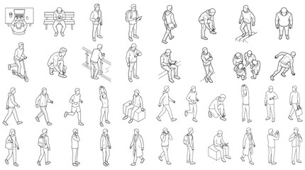 Obraz premium People Line Art CAD Icon Set Showing Diverse Walking, Standing and Commuting Poses for Urban Lifestyle 