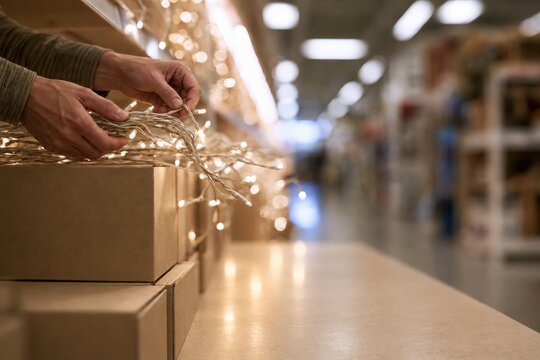 Close-Up of Hands Sorting Glowing Christmas String Lights Over Cardboard Boxes in Warehouse
