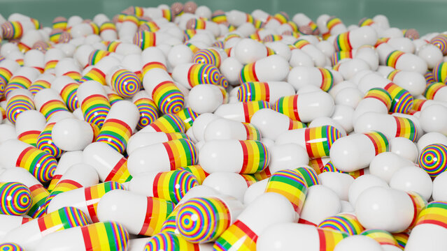 Pile of white medication capsules with rainbow-colored stripes