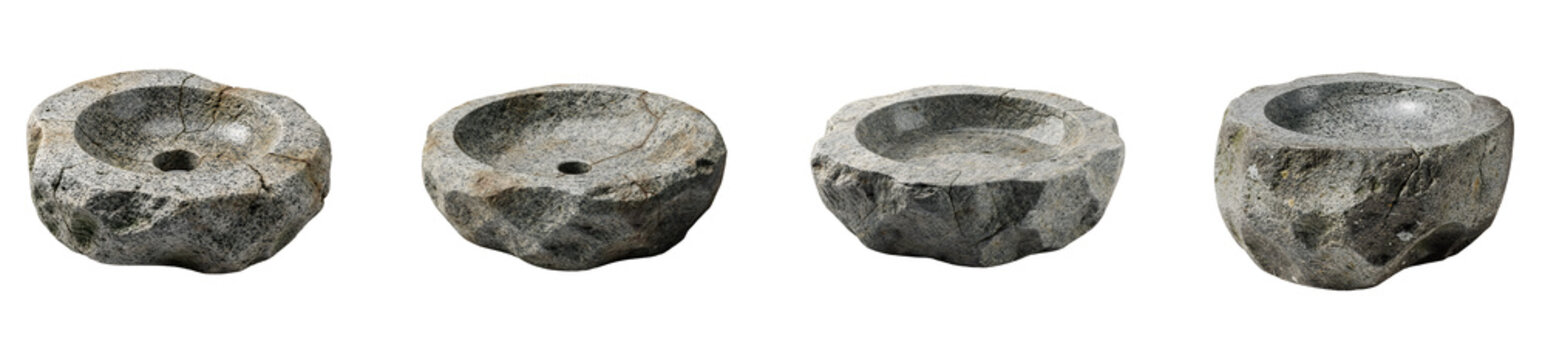 Natural rustic granite stone basin washbasins set for luxury bathroom and zen garden isolated on transparent background