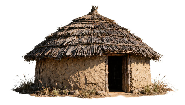 Traditional mud hut with thatched roof, isolated on transparent background