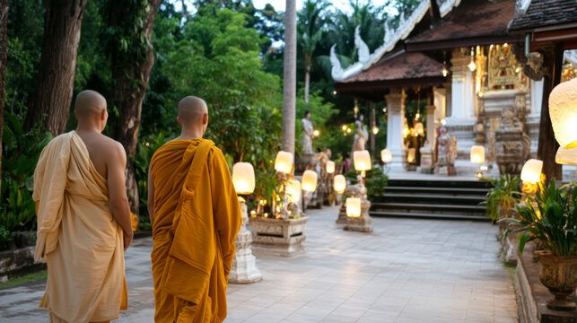 Monks walk in temple with floating lanterns during Yi Peng festival, evening ambiance