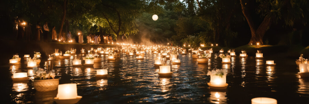 Asian festival Yi Peng lanterns floating on water at night, background