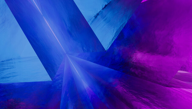 Abstract blue and purple geometric shapes with reflective surfaces