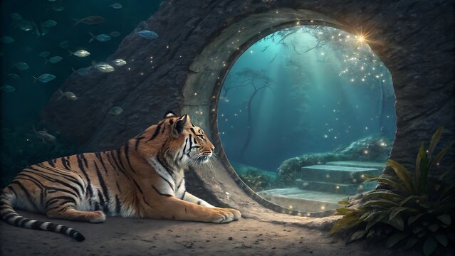 Tiger resting on the ground in front of an underwater circular window with fish swimming big cat wild animal marine life underwater wor