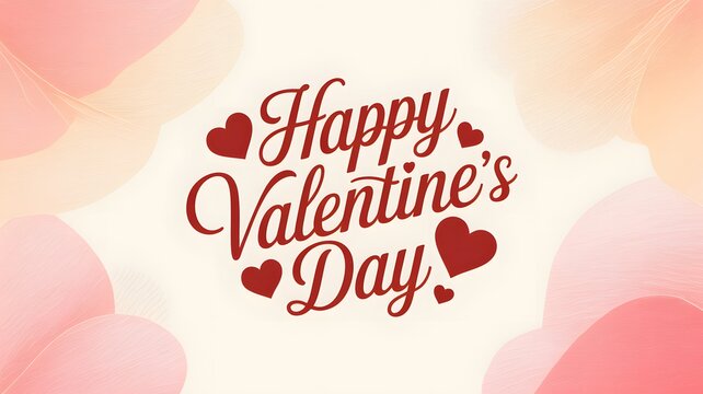 Elegant happy valentines day calligraphy with red hearts on a soft pink background