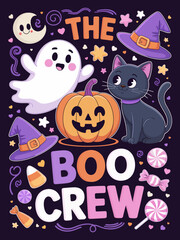 Fototapeta premium The Boo Crew cute Halloween ghost pumpkin black cat candy art