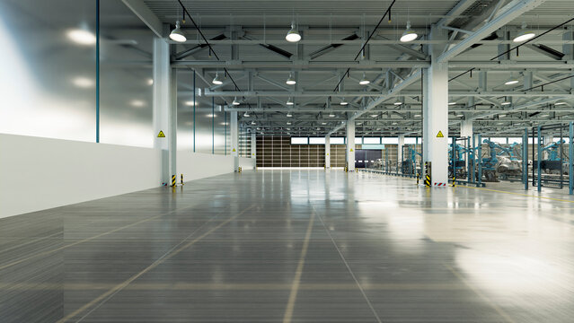 Car manufacturing factory with robotic assembly line and spacious