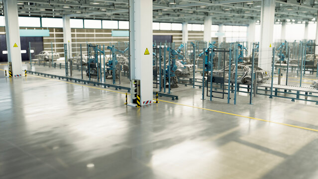 Car assembly line with robotic arms in manufacturing factory