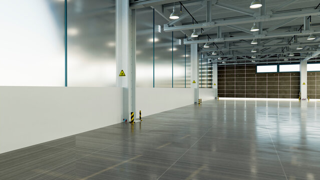 Empty industrial warehouse interior with polished concrete floor