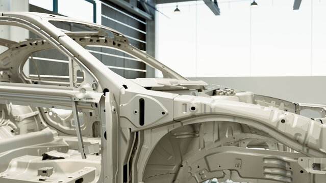 Car frames in automobile factory during manufacturing process