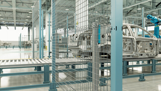 Car frames on assembly line with robotic arms in manufacturing factory